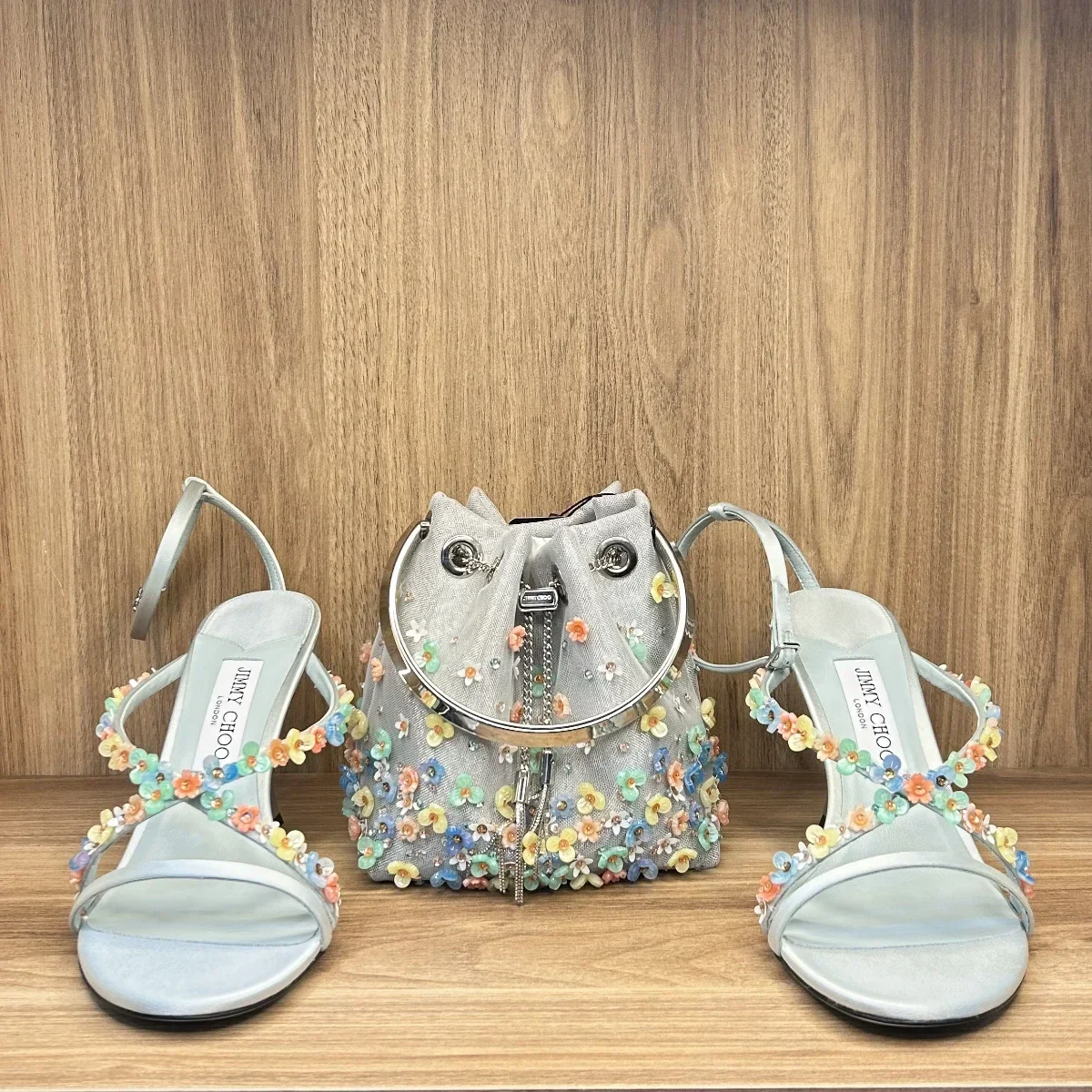 Jimmy Choo blanche 90 sandals with matching floral embellished mesh bon bon
