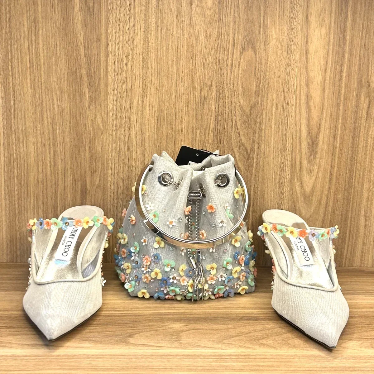 mesh floral embellished mules with matching floral embellished bon bon