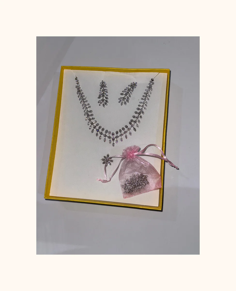 Silver-Plated American Diamond Necklace and Earrings Set